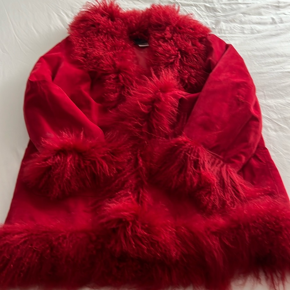 GORGEOUS RED - oversized - Suede Leather Penny Lane Coat with Mongolian fur trim